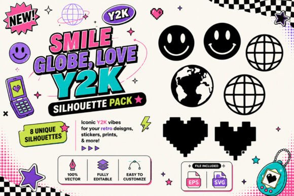 Smile Globe Love Pixel Y2K Silhouette Graphics and Icons