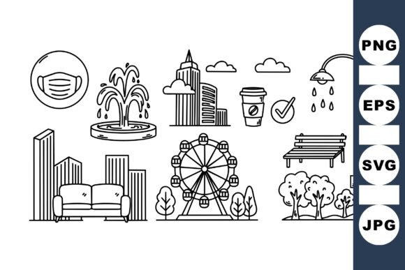 Urban City Icon Line Art Set: Graphics for Modern Crafts